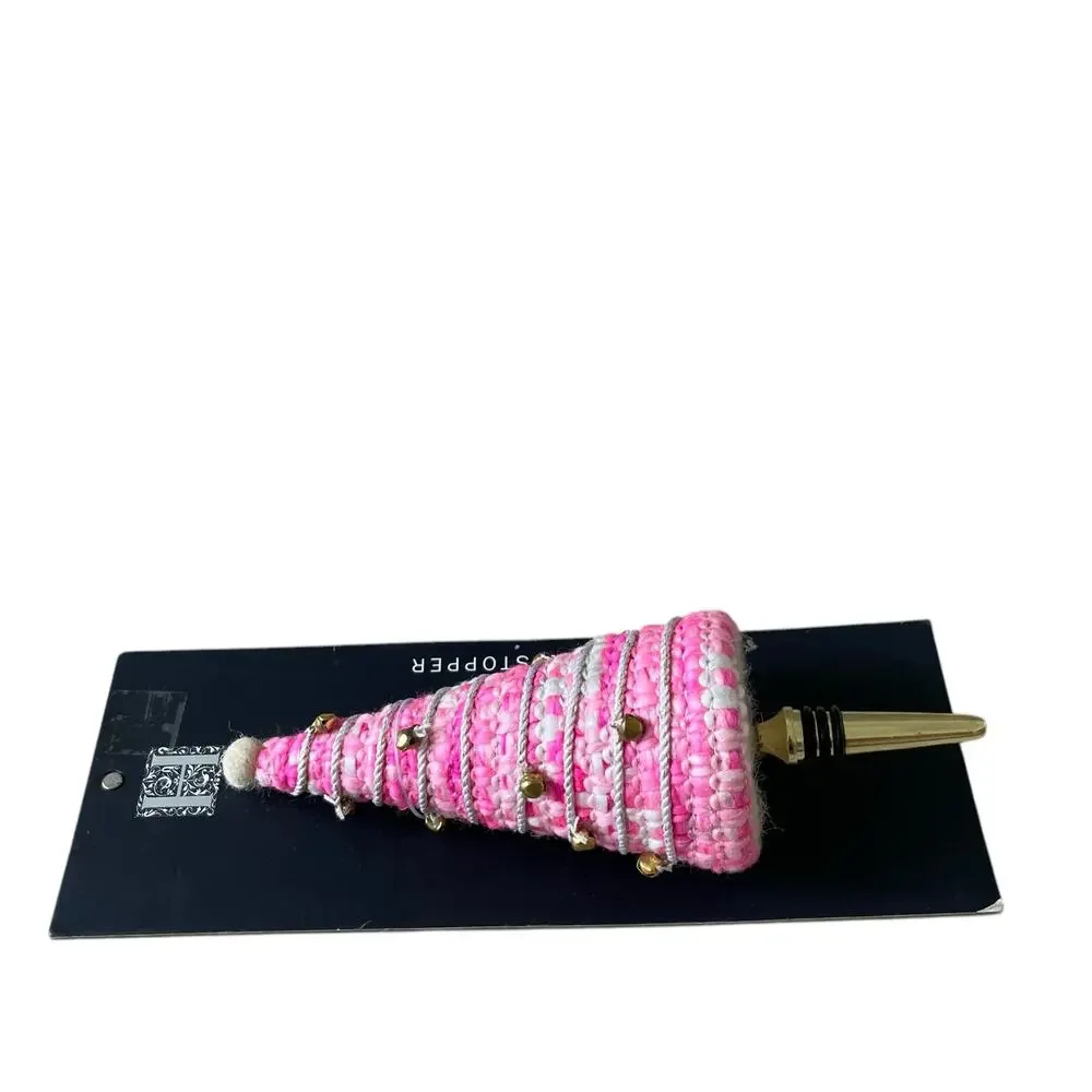 Pink Christmas Tree Bottle Stopper Embellished Holiday Glam Gold Bells New